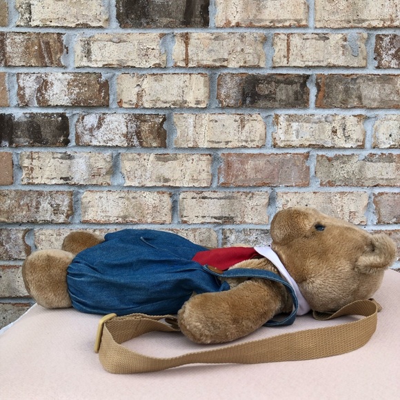 Vintage Unisex Teddy Bear in overalls Red Tie Kids Teddy Plush Backpack - Picture 6 of 16